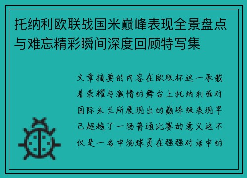 托纳利欧联战国米巅峰表现全景盘点与难忘精彩瞬间深度回顾特写集